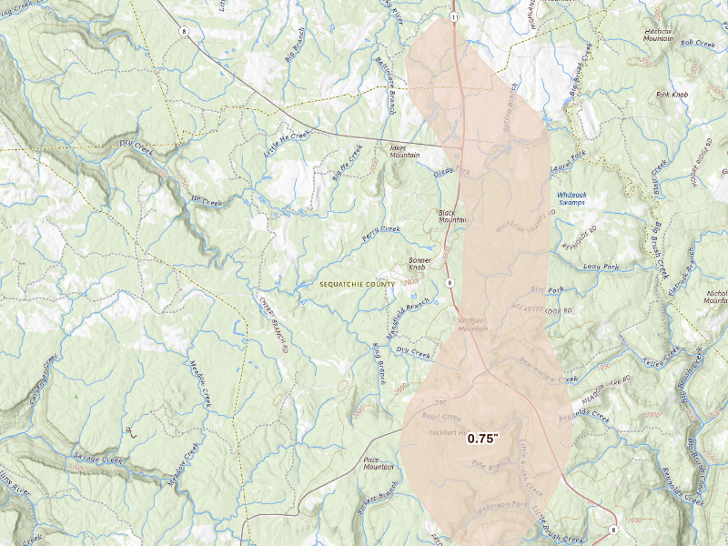 Radar-estimated hail-size map of the storm over Dunlap, TN on Sep 20, 2026