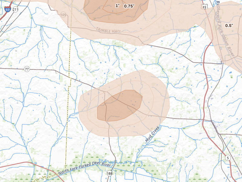 Radar-estimated hail-size map of the storm over Dyer, TN