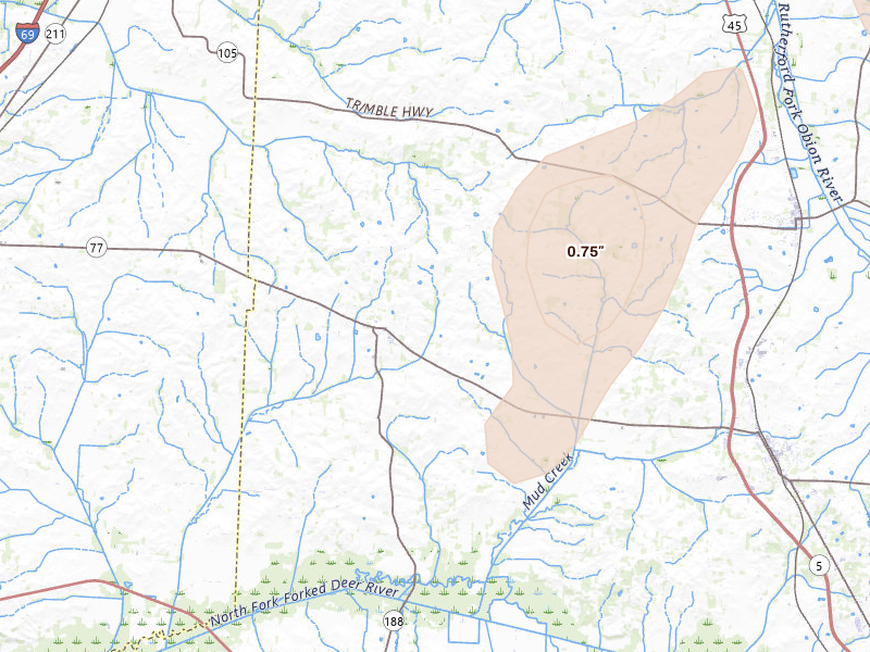 Radar-estimated hail-size map of the storm over Dyer, TN on Jul 4, 2026
