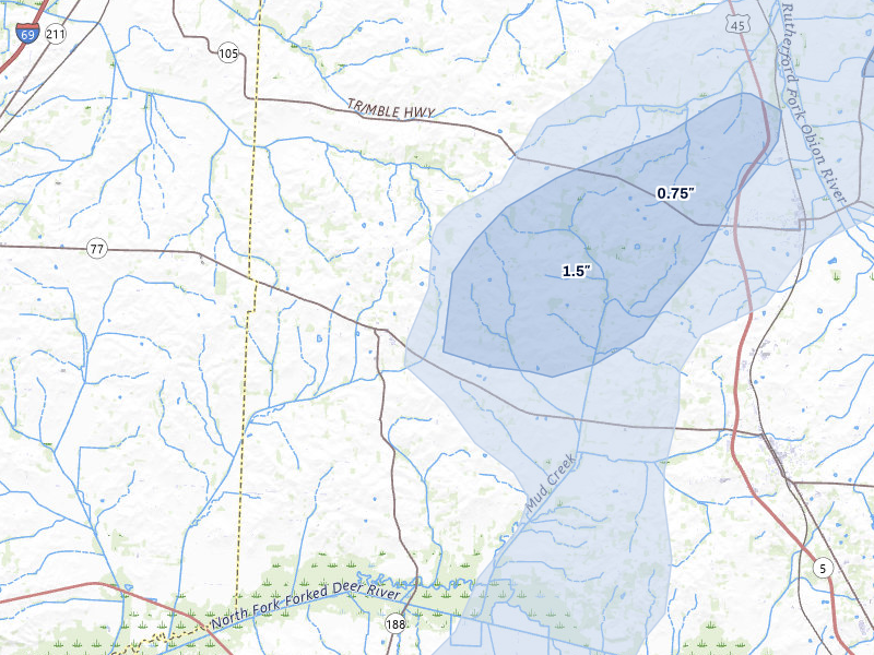 NEXRAD radar-signature map of the hail over Dyer, TN