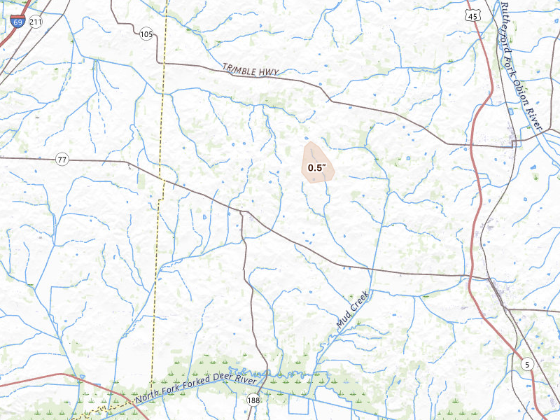 Radar-estimated hail-size map of the storm over Dyer, TN on Jul 5, 2026