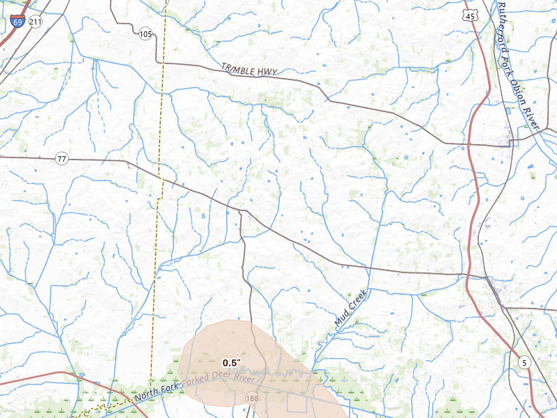 Radar-estimated hail-size map of the storm over Dyer, TN on Jul 9, 2026