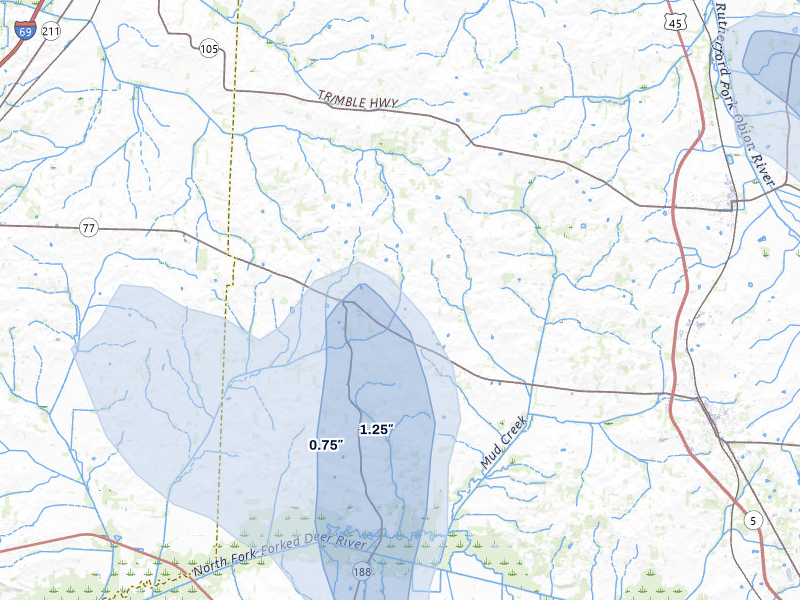 NEXRAD radar-signature map of the hail storm over Dyer, TN on Jul 9, 2026