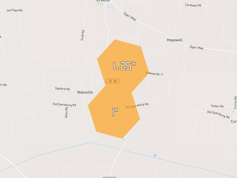 Hail map of Dyer, TN on Jul 10, 2026, hail up to 1.25"