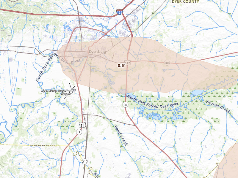 Radar-estimated hail-size map of the storm over Dyersburg, TN on Apr 27, 2026