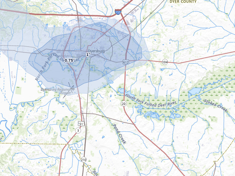 NEXRAD radar-signature map of the hail over Dyersburg, TN