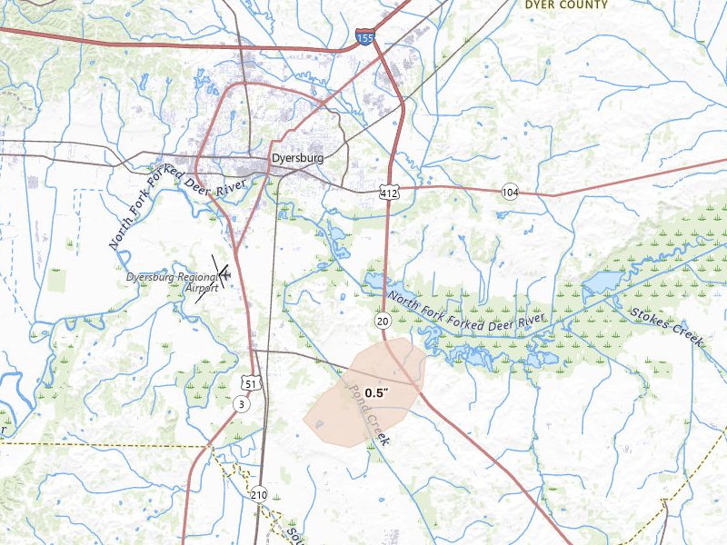 Radar-estimated hail-size map of the storm over Dyersburg, TN on Apr 28, 2026