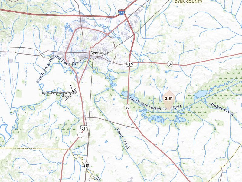 Radar-estimated hail-size map of the storm over Dyersburg, TN on Jun 12, 2026