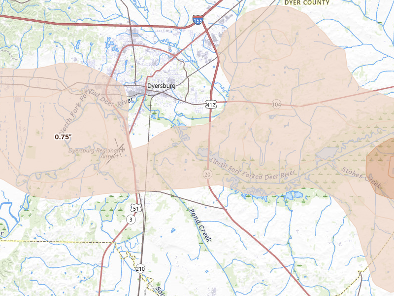 Radar-estimated hail-size map of the storm over Dyersburg, TN on Jul 11, 2026