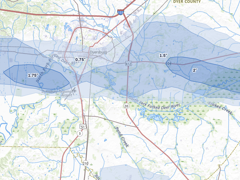 NEXRAD radar-signature map of the hail storm over Dyersburg, TN on Jul 11, 2026