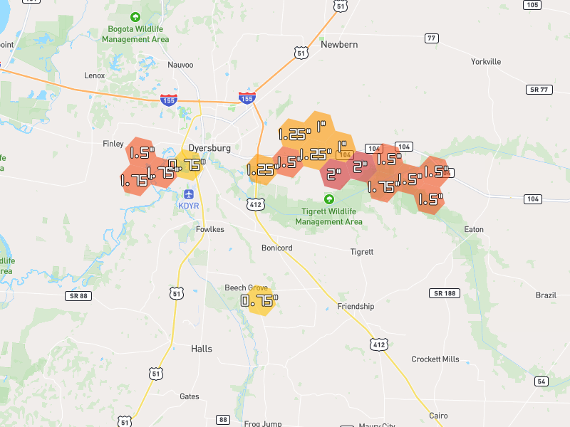 Hail map of Dyersburg, TN on Jul 11, 2026, hail up to 2"