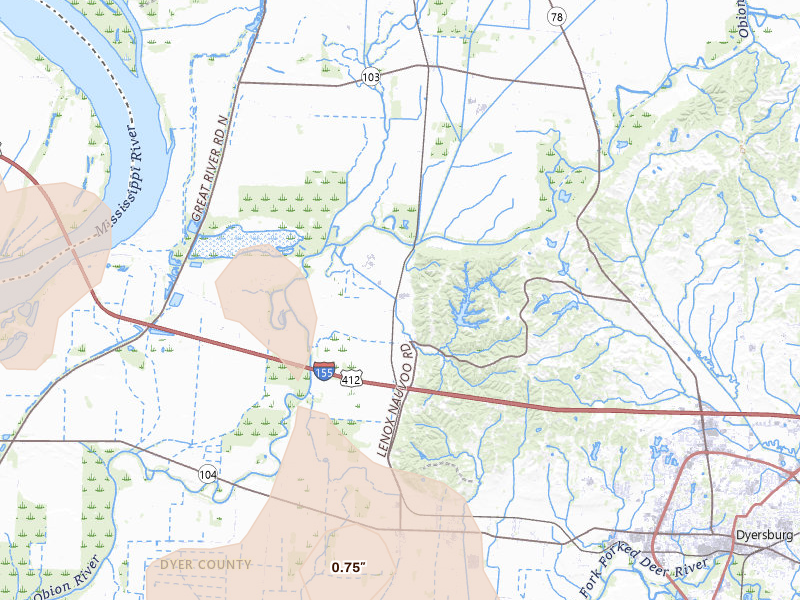 Radar-estimated hail-size map of the storm over Dyersburg, TN on Aug 19, 2026