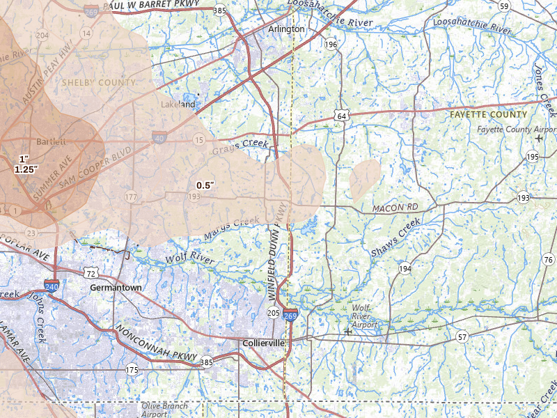 Radar-estimated hail-size map of the storm over Eads, TN on Apr 27, 2026