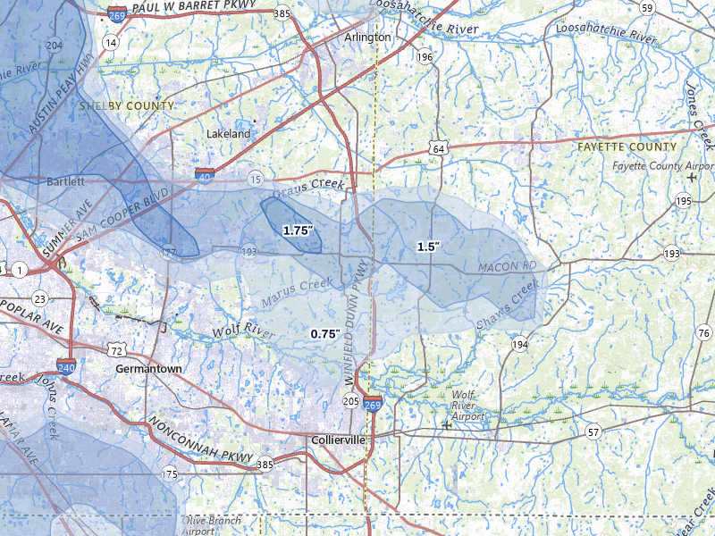 NEXRAD radar-signature map of the hail over Eads, TN