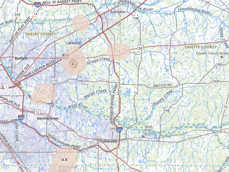 Radar-estimated hail-size map of the storm over Eads, TN on Jul 4, 2026