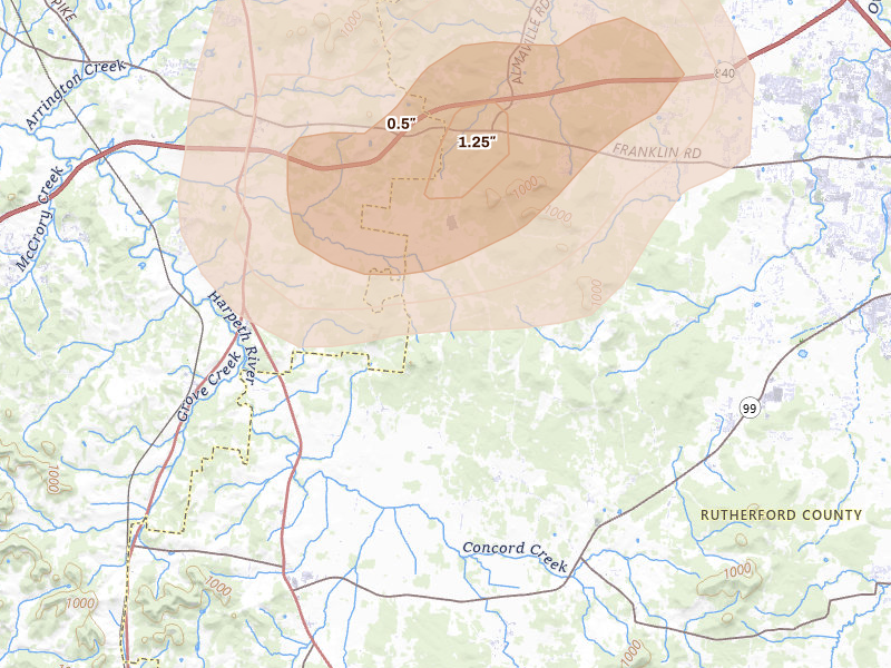 Radar-estimated hail-size map of the storm over Eagleville, TN on Jul 2, 2026