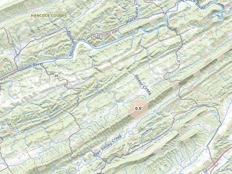 Radar-estimated hail-size map of the storm over Eidson, TN on Jul 5, 2026