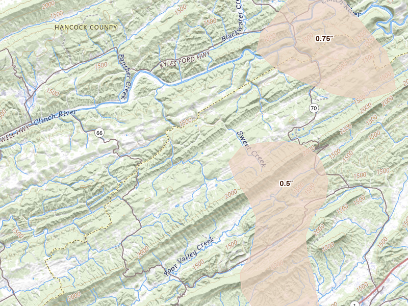 Radar-estimated hail-size map of the storm over Eidson, TN