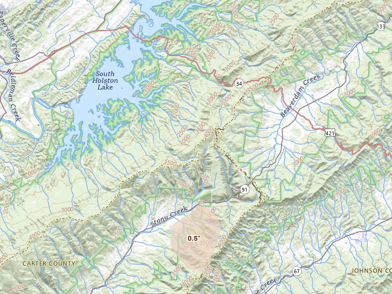 Radar-estimated hail-size map of the storm over Elizabethton, TN on Jul 3, 2026