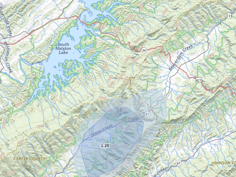 NEXRAD radar-signature map of the hail storm over Elizabethton, TN on Jul 3, 2026