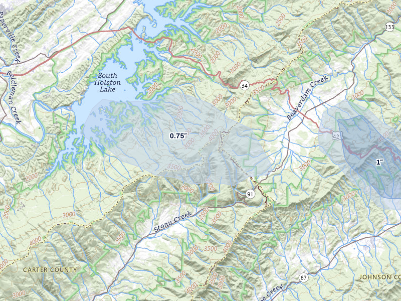 NEXRAD radar-signature map of the hail storm over Elizabethton, TN on Jul 28, 2026