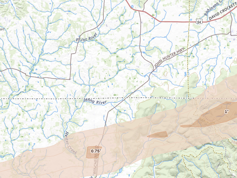Radar-estimated hail-size map of the storm over Elora, TN on Feb 26, 2026