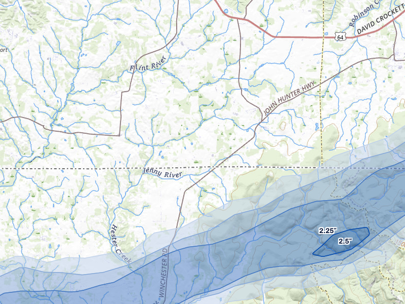 NEXRAD radar-signature map of the hail over Elora, TN