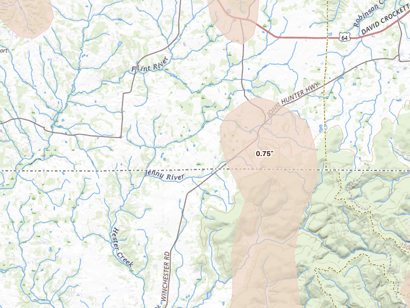 Radar-estimated hail-size map of the storm over Elora, TN on May 31, 2026