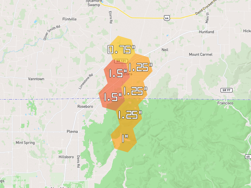 Hail map of Elora, TN on Jun 1, 2026, hail up to 1.5"