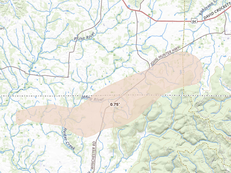 Radar-estimated hail-size map of the storm over Elora, TN on Jun 22, 2026