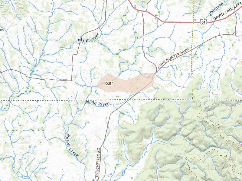 Radar-estimated hail-size map of the storm over Elora, TN on Aug 6, 2026