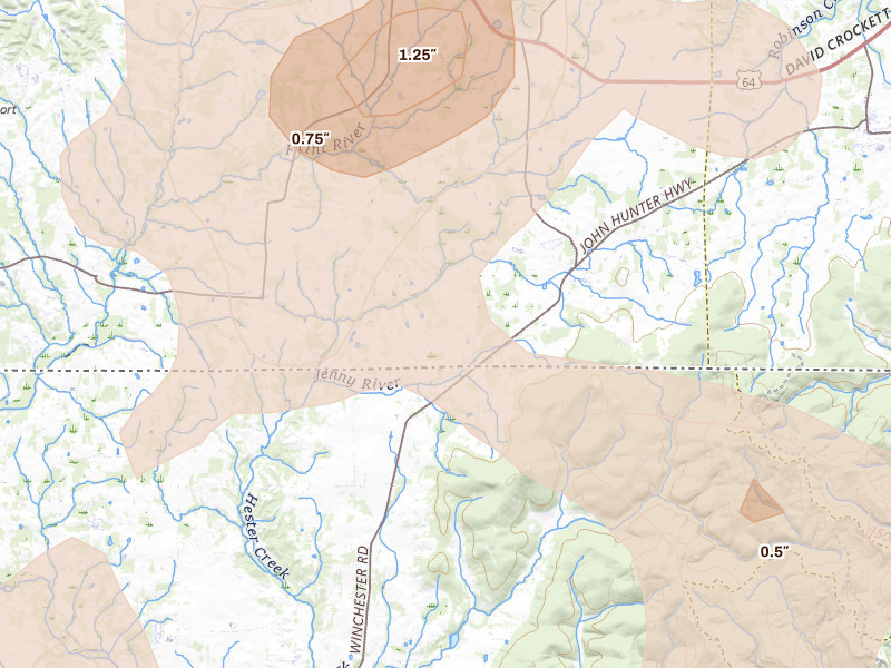 Radar-estimated hail-size map of the storm over Elora, TN on Aug 20, 2026