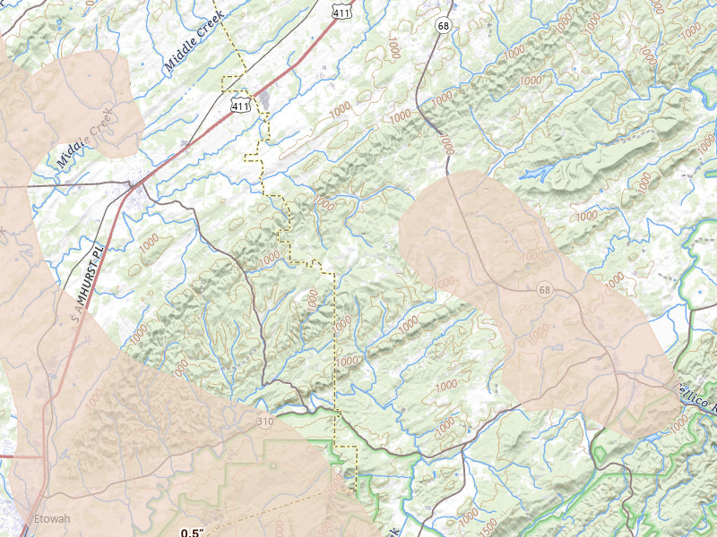 Radar-estimated hail-size map of the storm over Englewood, TN on Jul 28, 2026