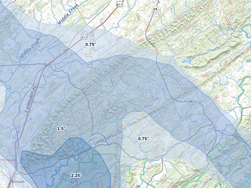 NEXRAD radar-signature map of the hail over Englewood, TN