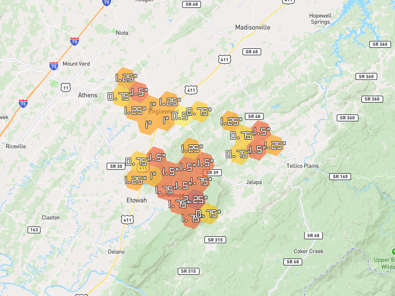 Hail map of Englewood, TN on Jul 28, 2026, hail up to 2.25"
