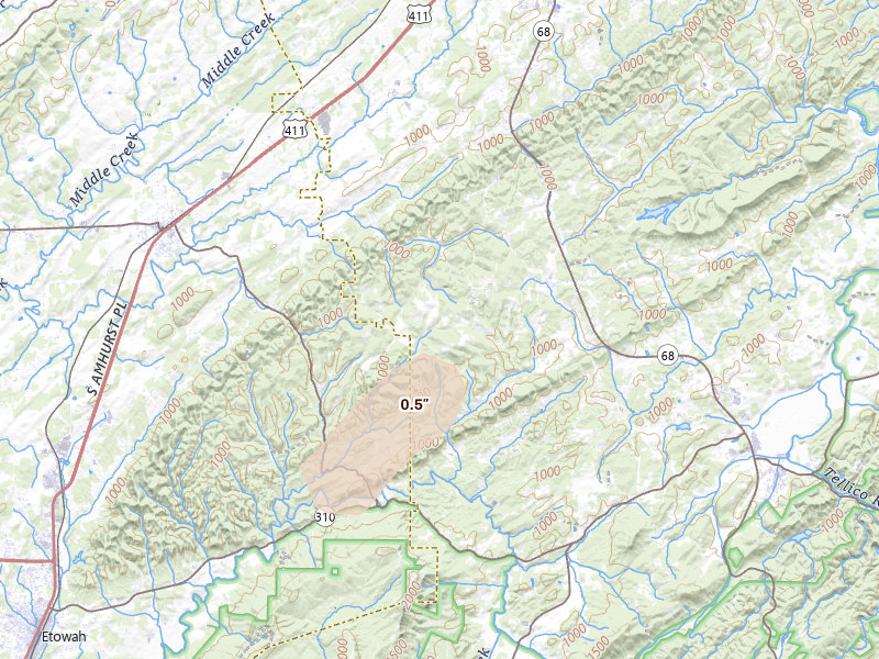 Radar-estimated hail-size map of the storm over Englewood, TN on Aug 1, 2026