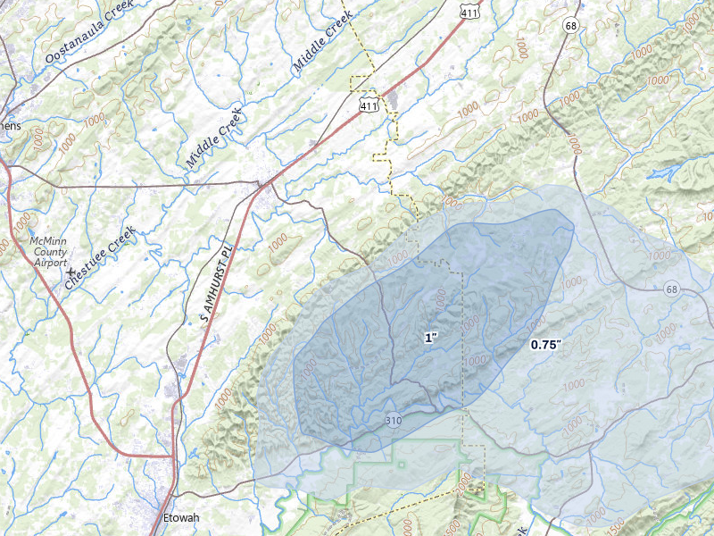 NEXRAD radar-signature map of the hail over Englewood, TN