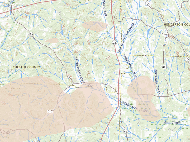 Radar-estimated hail-size map of the storm over Enville, TN on Apr 27, 2026