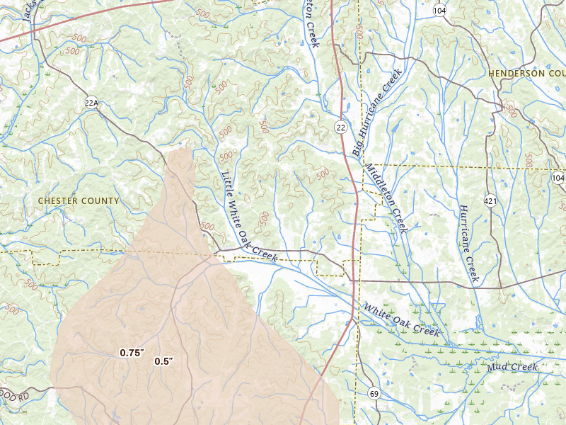 Radar-estimated hail-size map of the storm over Enville, TN on Jul 3, 2026