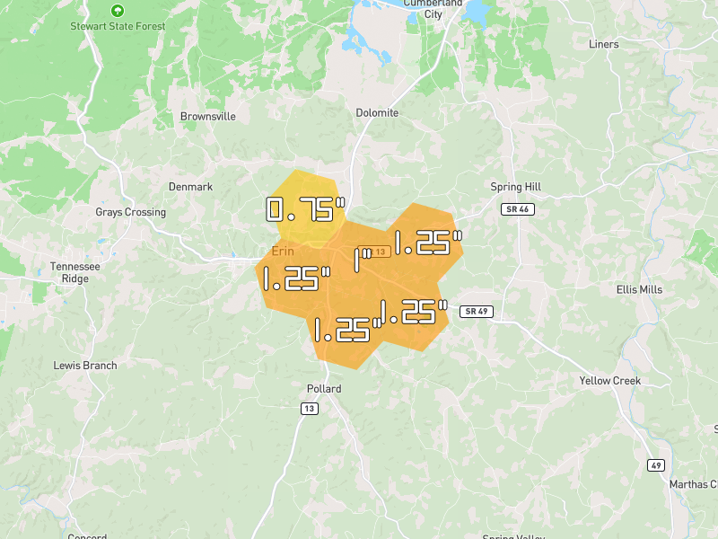 Hail map of Erin, TN on Jul 2, 2026, hail up to 1.25"