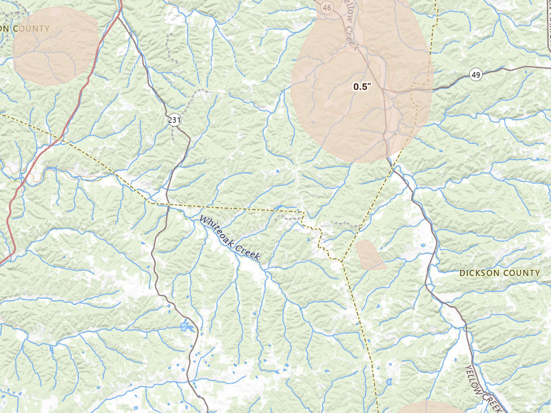 Radar-estimated hail-size map of the storm over Erin, TN on Jul 3, 2026
