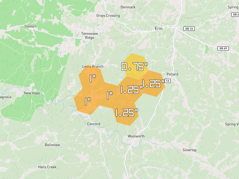 Hail map of Erin, TN on Jul 3, 2026, hail up to 1.25"