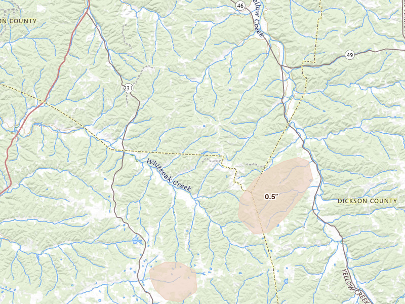 Radar-estimated hail-size map of the storm over Erin, TN on Jul 5, 2026