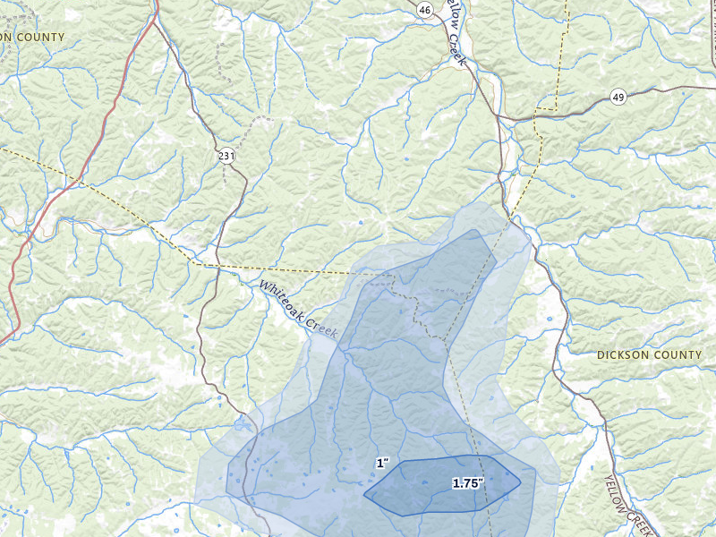 NEXRAD radar-signature map of the hail storm over Erin, TN on Jul 5, 2026