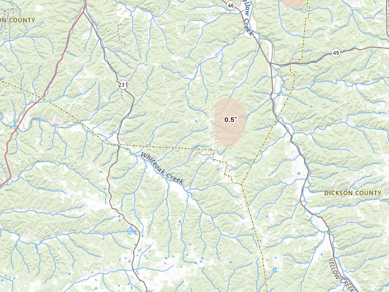 Radar-estimated hail-size map of the storm over Erin, TN on Jul 26, 2026