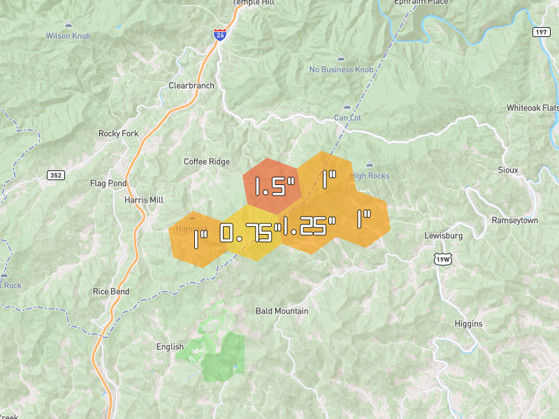 Hail map of Erwin, TN on Jun 29, 2026, hail up to 1.5"