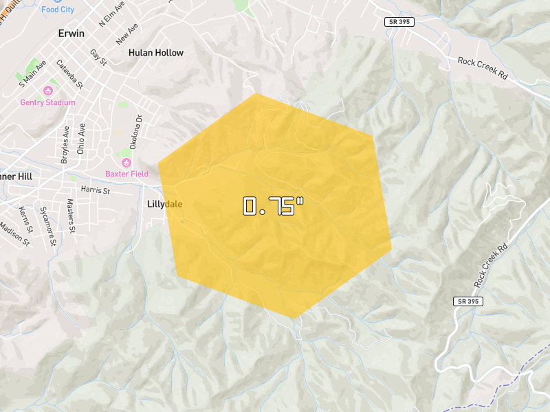 Hail map of Erwin, TN on Jul 3, 2026, hail up to 0.75"
