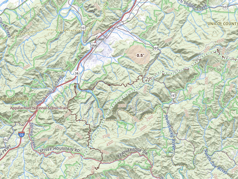 Radar-estimated hail-size map of the storm over Erwin, TN on Aug 11, 2026