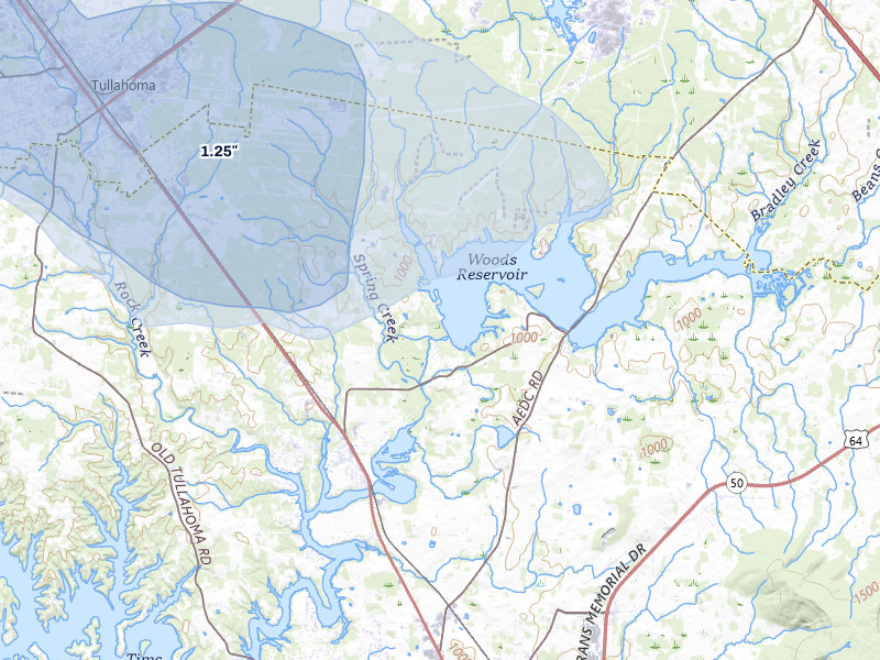 NEXRAD radar-signature map of the hail storm over Estill Springs, TN on Jul 11, 2026