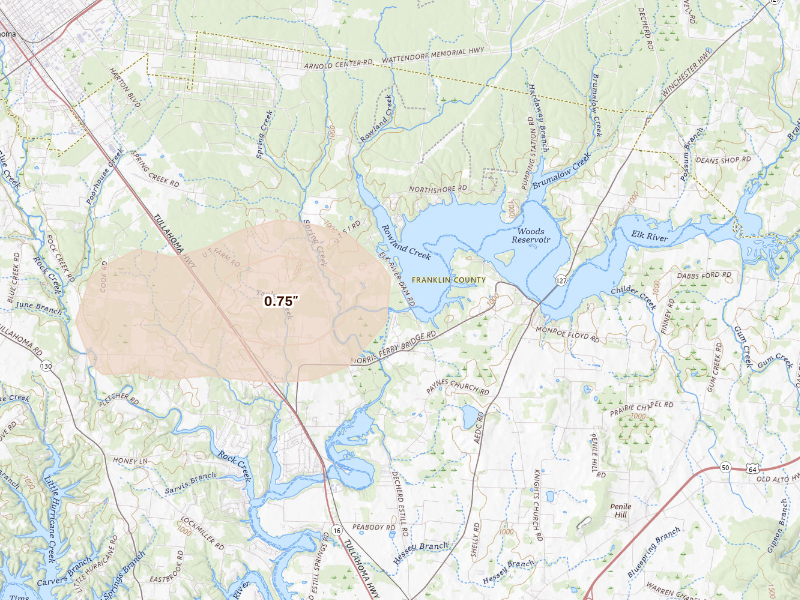 Radar-estimated hail-size map of the storm over Estill Springs, TN